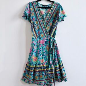 SHEIN Boho Turquoise Floral Wrap Mini Dress